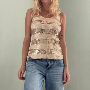 Vintage Y2k Younique Racerback Tank Top Sequin Striped Tan Gold Size Large Party